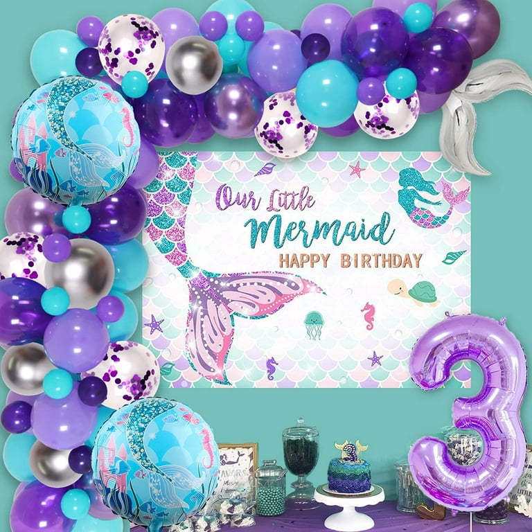 Mermaid Party Decorations for Girls 3rd Birthday Mermaid Tail Balloon  Garland Kit Blue Purple Silver with Mermaid Backdrop, Number 3 Foil Balloon  for