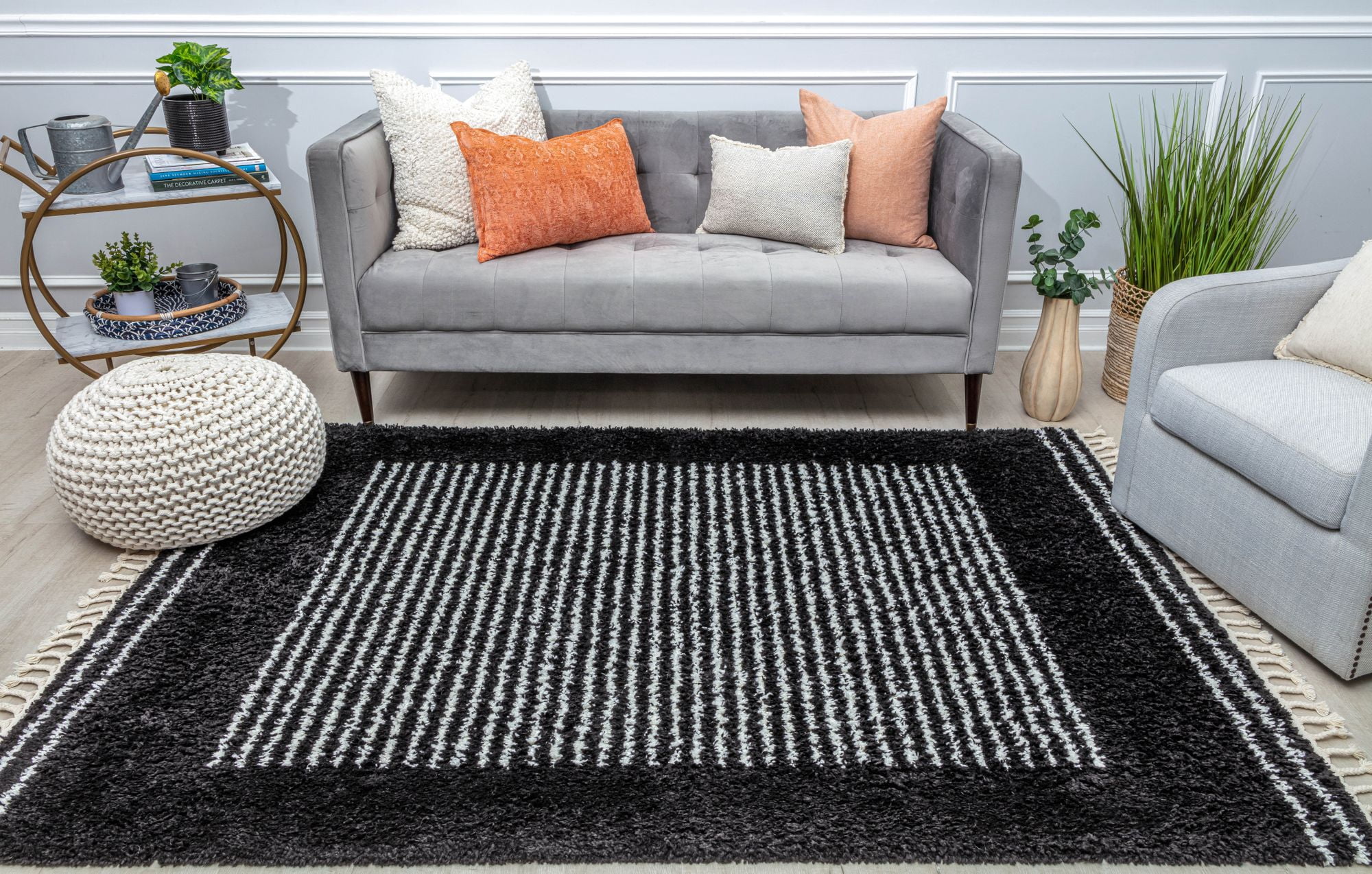 Rugs America BT35A Ebony Twilight Stripe Shag Black Area Rug, 2'6" x 4'