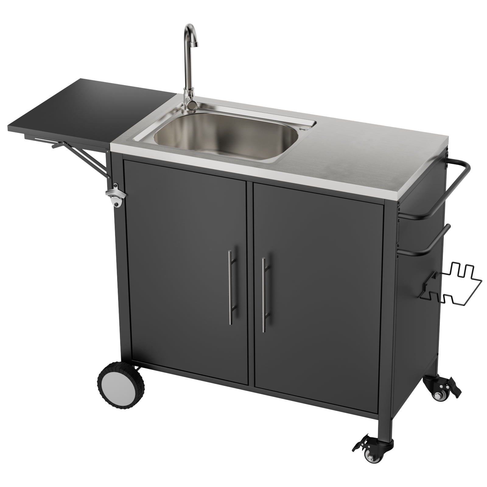 Outdoor Grill Table with Sink, Metal Worktable Kitchen Cabinet Island with Foldable Top and Storage Cabinet, Rolling Grill Cart with Wheels for Garden, Backyard and Lawn