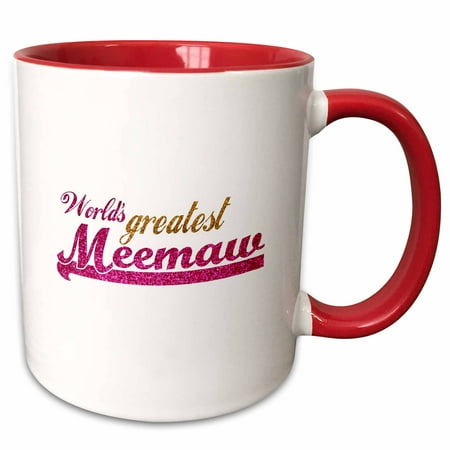 3dRose Worlds Greatest Meemaw - pink and gold text - Gifts for grandmothers - Best grandma nickname - Two Tone Red Mug,