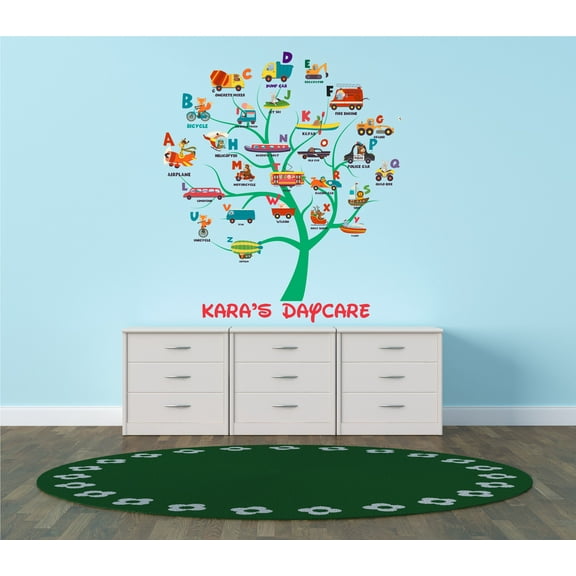 DAYCARE - Vinyl Mural Art Educational Alphabet Tree Decal Things Starting From Letters A To Z Design Multicolored Daycare Wall Decal - Kids Playroom Personalized Name Childcare Wall Sticker 9" x 10"