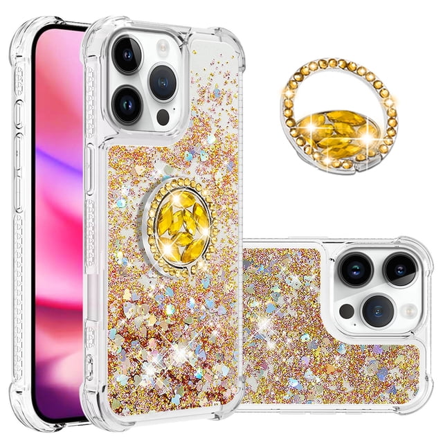 Funda para iPhone 16 Pro Max con Brillo Líquido Flotante, Purpurina, Parachoques y Anillo Giratorio Soporte