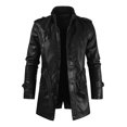 thumbnail image 3 of Men's Leather Jacket Fall Winter Thick Leather Lined Jackets Medium Long Trench Coat Stand Collar Motorcycle Outerwear 3XL, 3 of 5