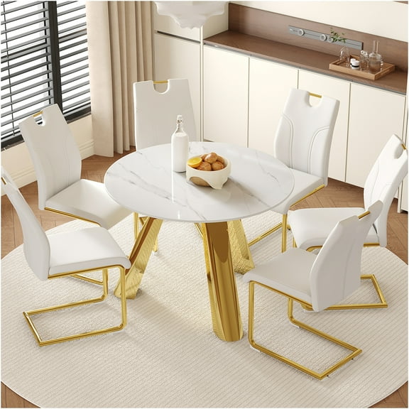 JERFIT 6-Piece White and Gold Dining Set with Round Sintered Stone Table and Upholstered Chairs for Modern Kitchen