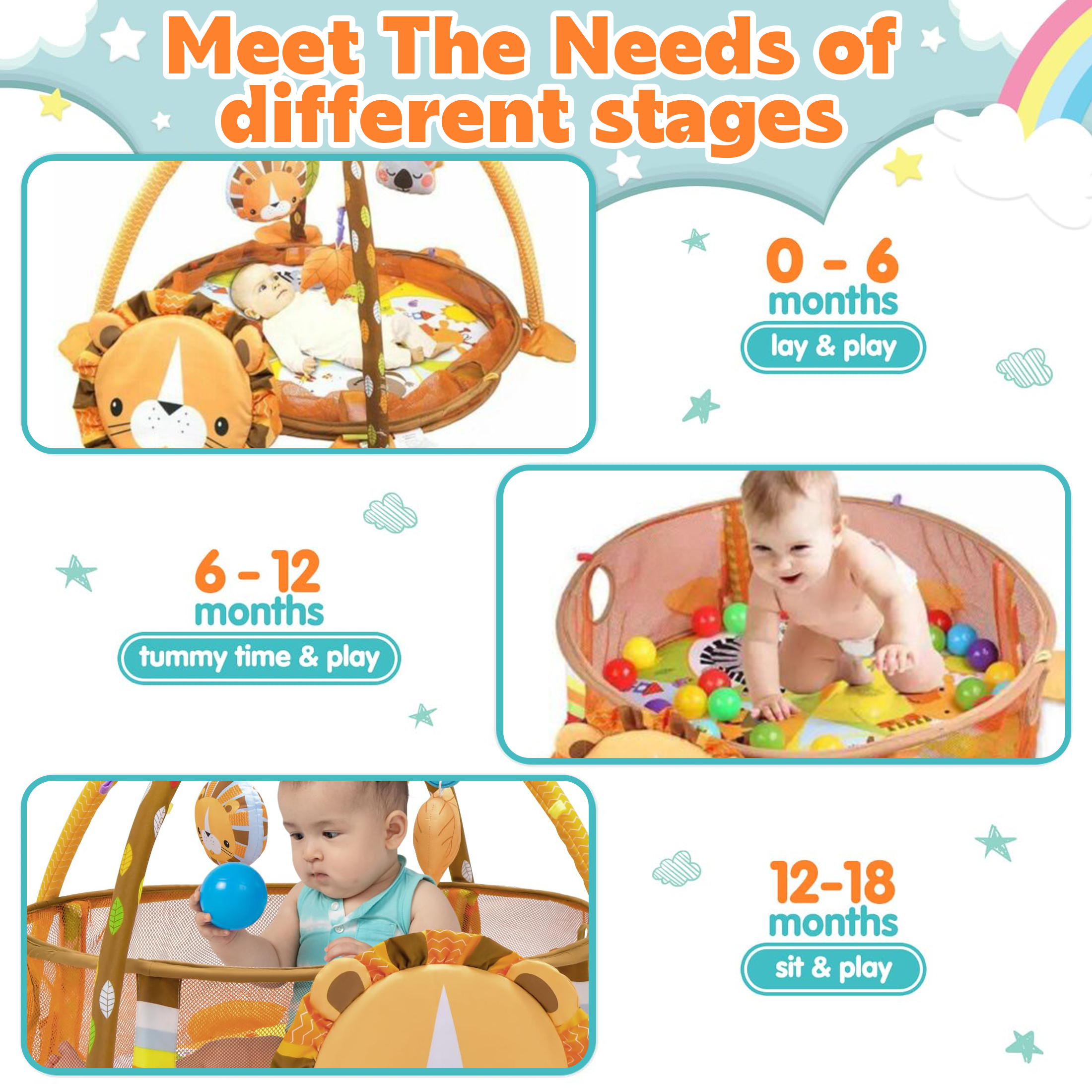 KOPPOP 3-in-1 Baby Play Gym with Ocean Ball Pit, Safari Theme photo 8
