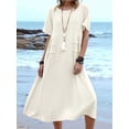 thumbnail image 5 of Womens Loose Fit Casual Linen Blend Solid Color Round Neck Short Sleeve Midi Dress Beach Khaki XL, 5 of 7
