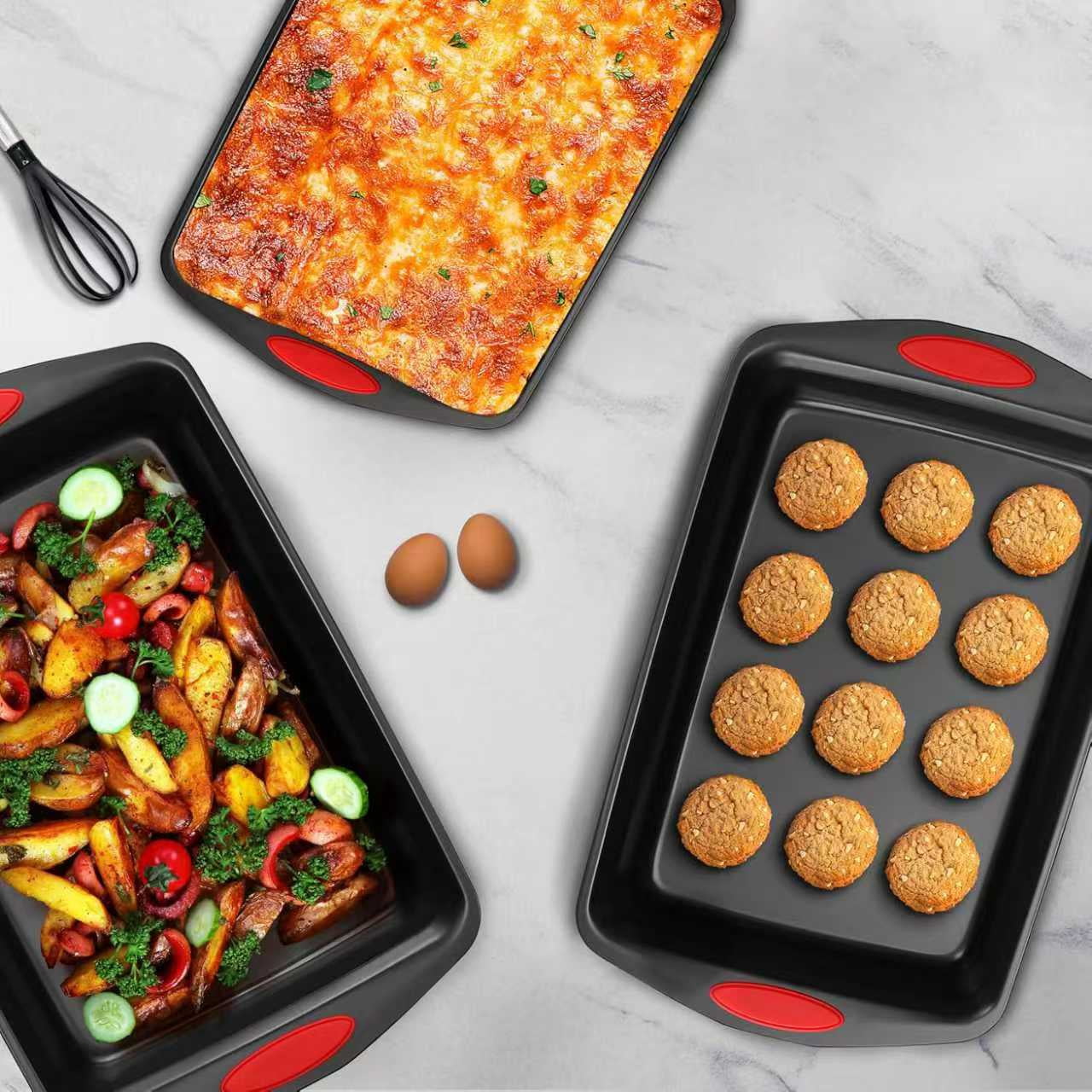 CHEF LANG Nonstick Bakeware Set - 5 Piece Baking Pan Tray Set With Silicone Handles & Utensils, Baking Sheet, Carbon Steel Cookie Sheets, Baking Dish, Baking Pans, Black