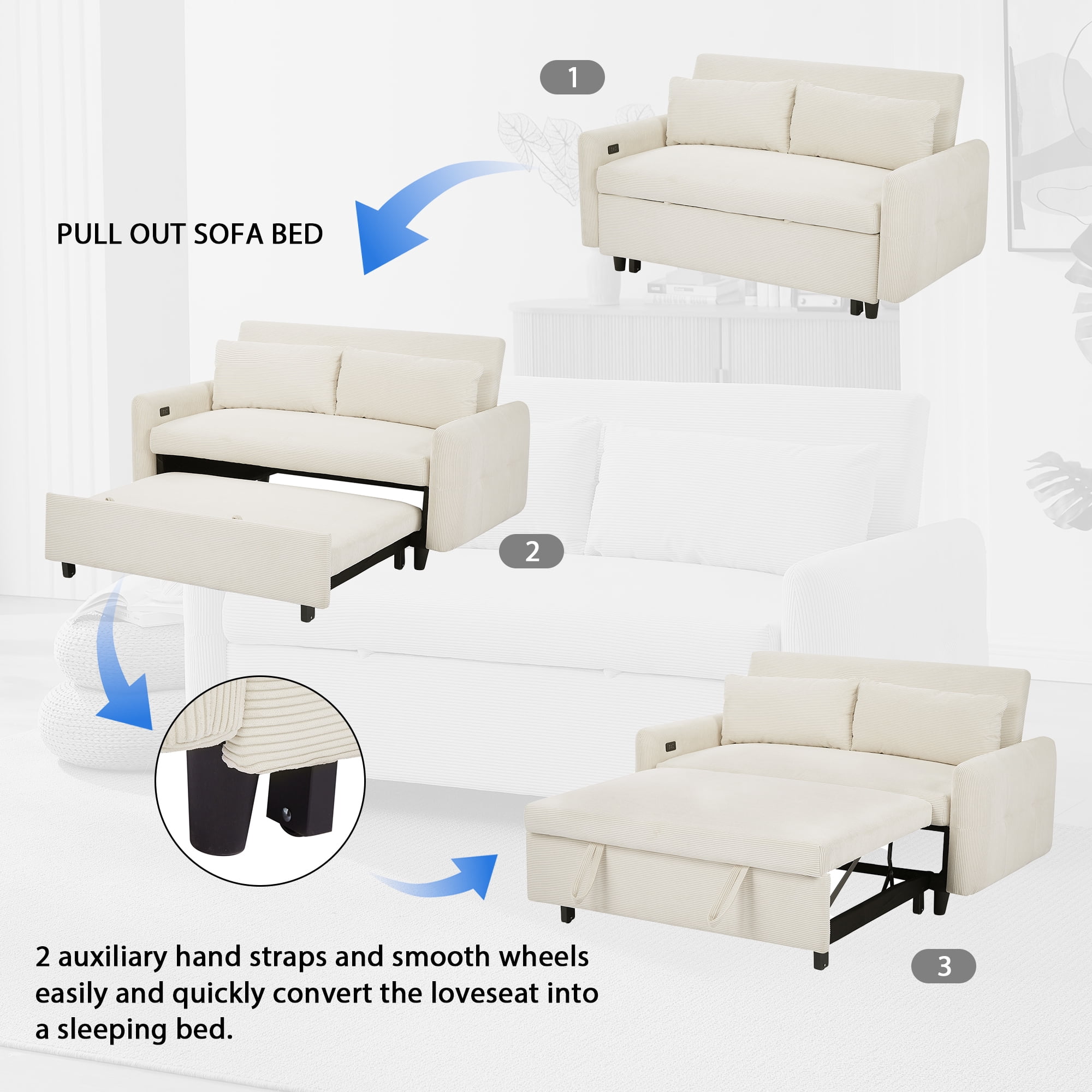 Pull-out Sofa Bed Convertible Couch 2 Seat Loveseat Sofa Modern Sleeper Sofa with Two Throw Pillows and USB Ports for Living Room