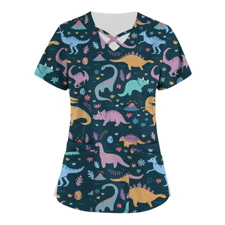 

XINKAIRUN Plus Size Cute Printed Scrub Working Uniform Tops for Women Cross V-Neck Short Sleeve Fun T-Shirts Workwear Tee with Pockets Blouse XXXXL