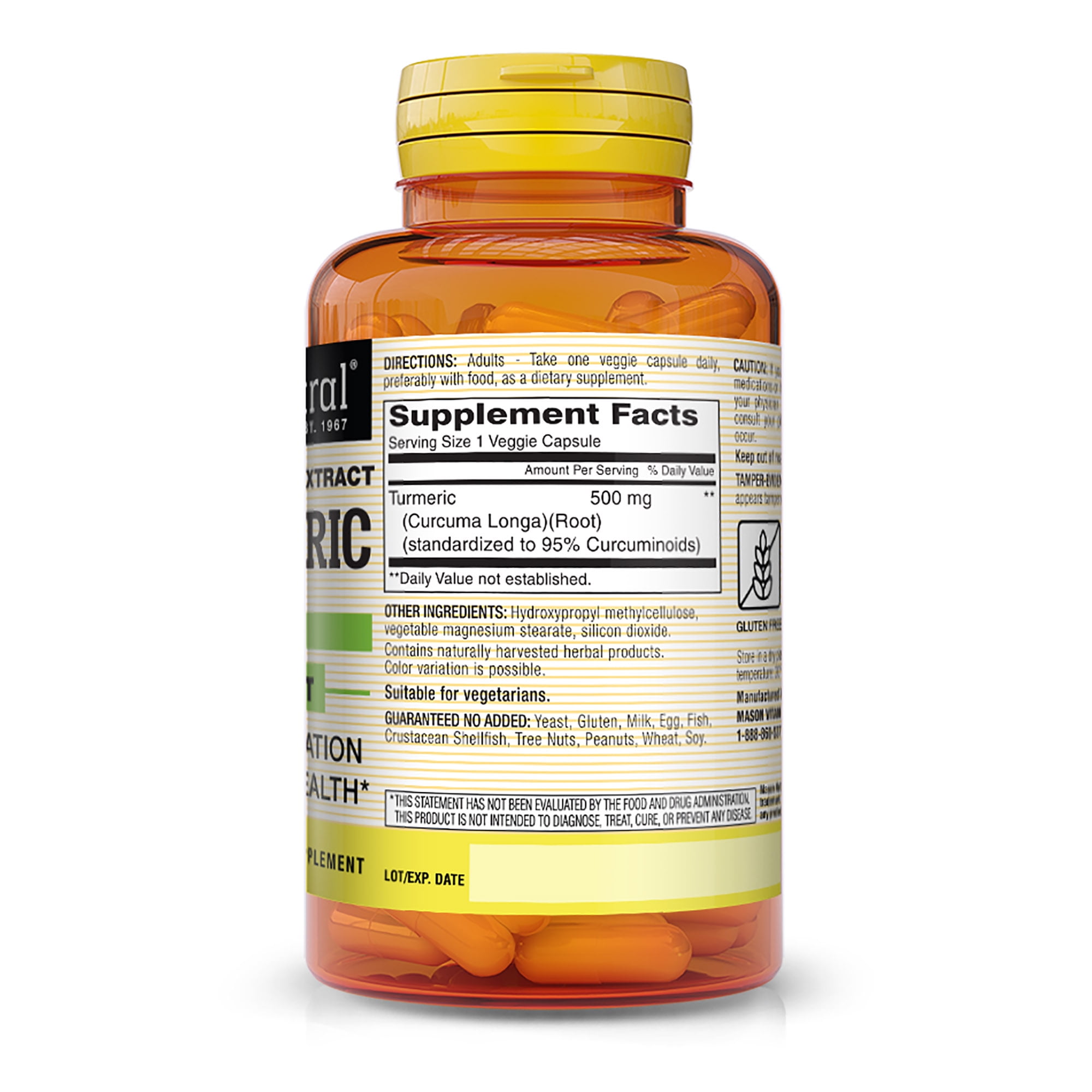 Mason Natural Turmeric Veggie Capsules, 500 mg Curcuminoids Complex, Vegan & Gluten-Free, 60 Count