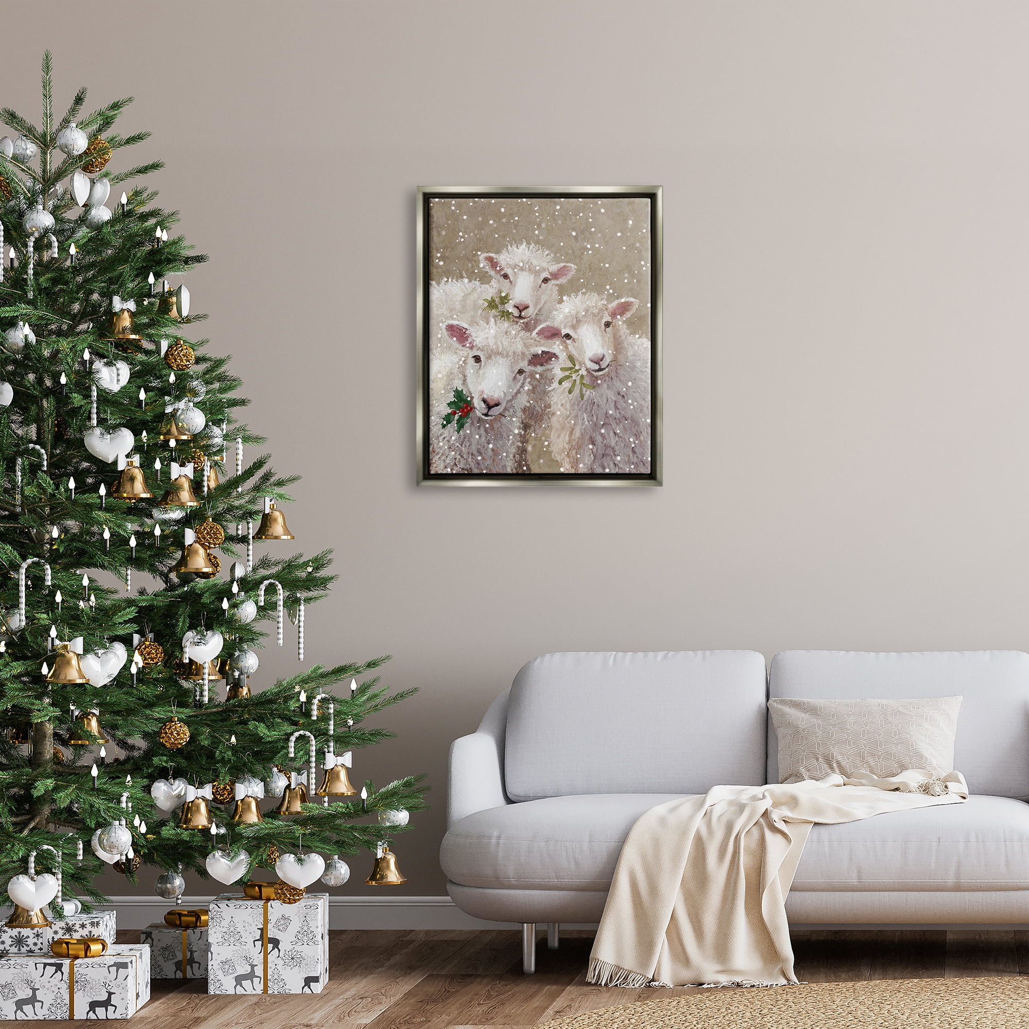 Stupell Industries Winter Sheep Trio Farm Animals Holiday Painting Gray Floater Framed Art Print Wall Art