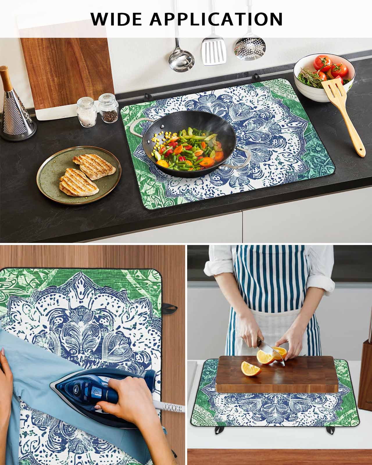 nqOlkjepod Large Induction Cooktop Protector Mat 28.5"x20.5", Blue Floral Pattern Stove Top Covers for Electric Stove, Vintage Green Teal Ombre Stove Burner Cover Mats, Glass Top Stove Cover