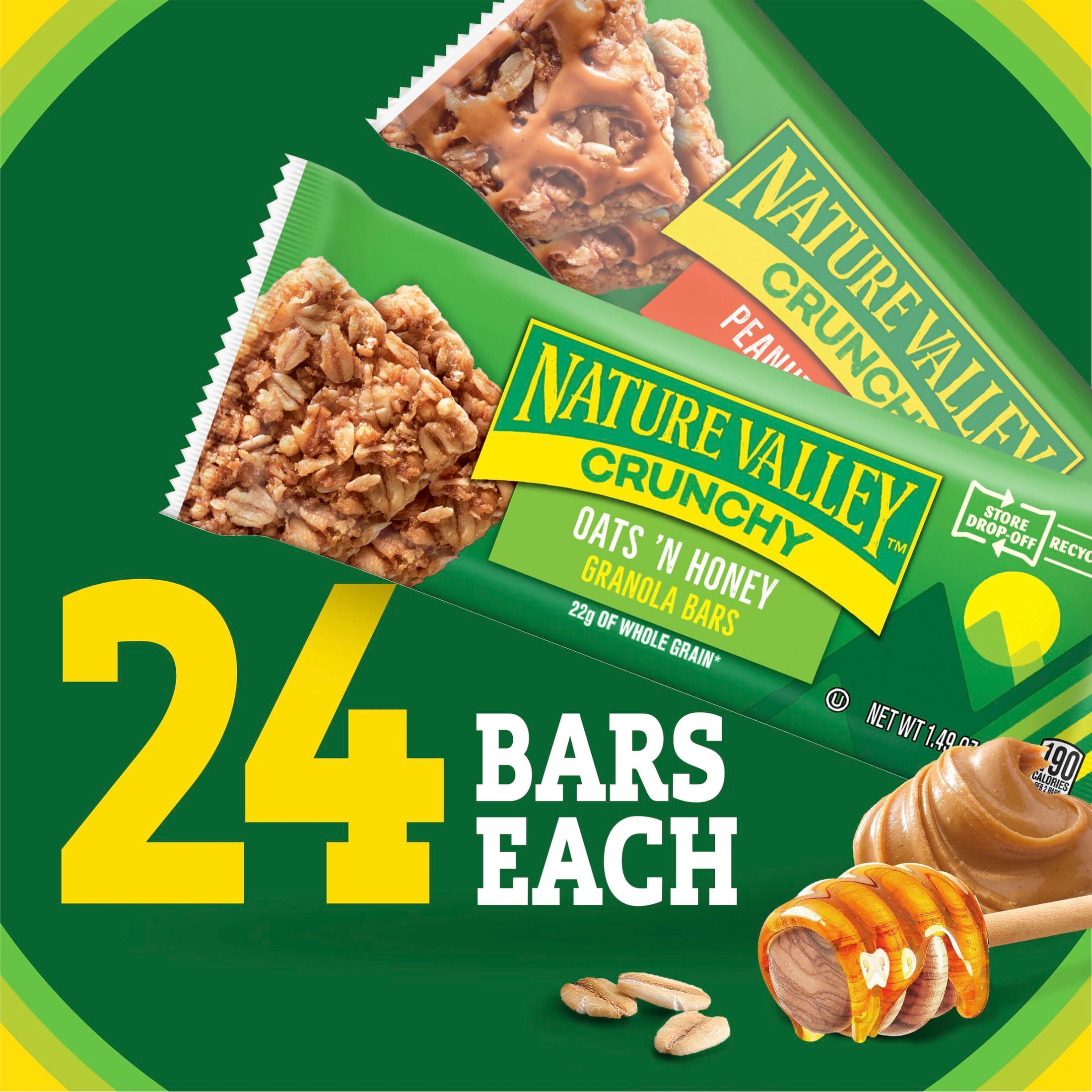 (3 pack) Nature Valley Oats 'N Honey and Peanut Butter Crunchy Granola Bars (24 Pouches)
