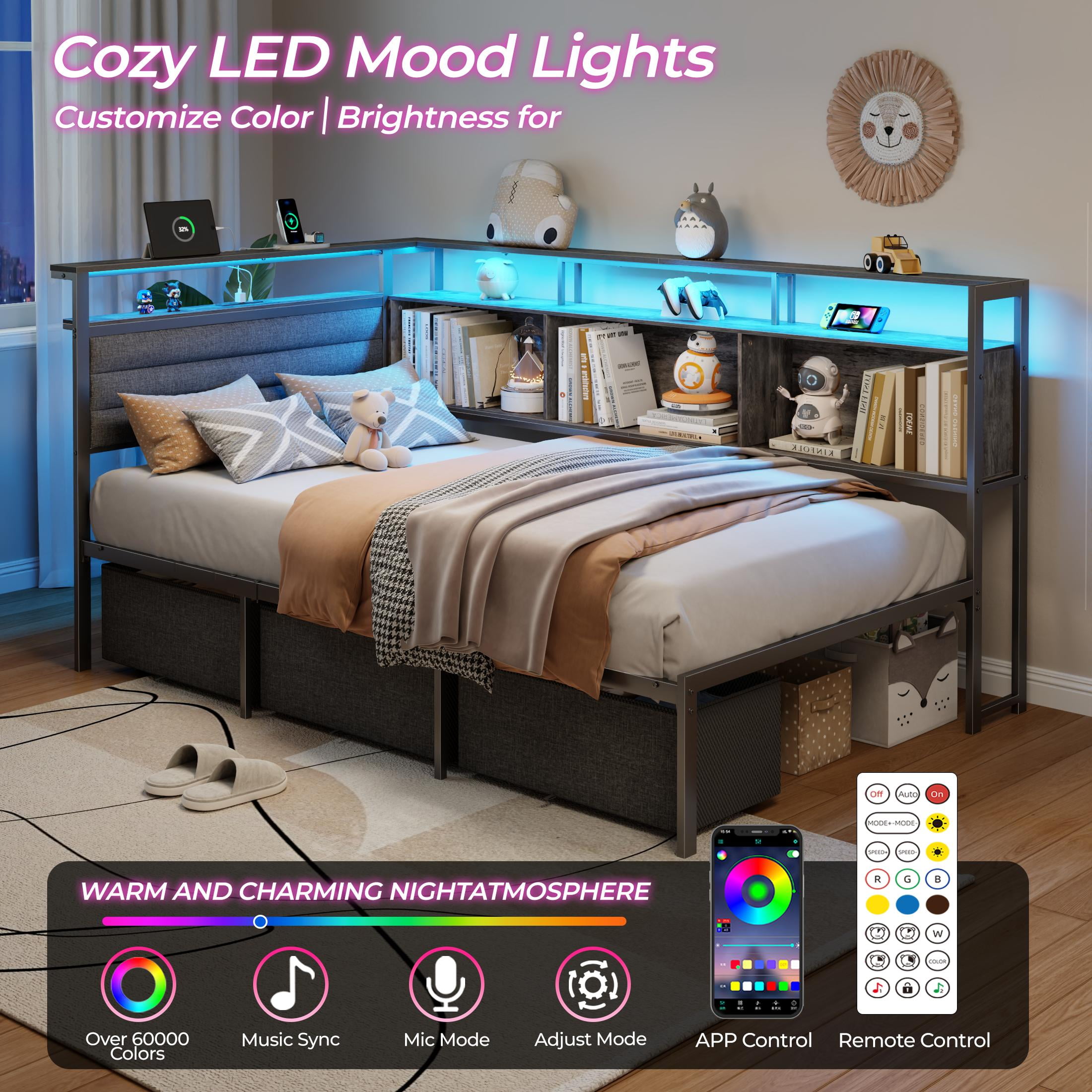 Tydimor L-Shaped Corner Bed Frame with 3 Storage Drawers, 3 Cubbies & Double-Layer Shelf, LED Lights & Power Outlet, Corner Twin Beds for Living Room, Bedroom and Guest, Grey Oak