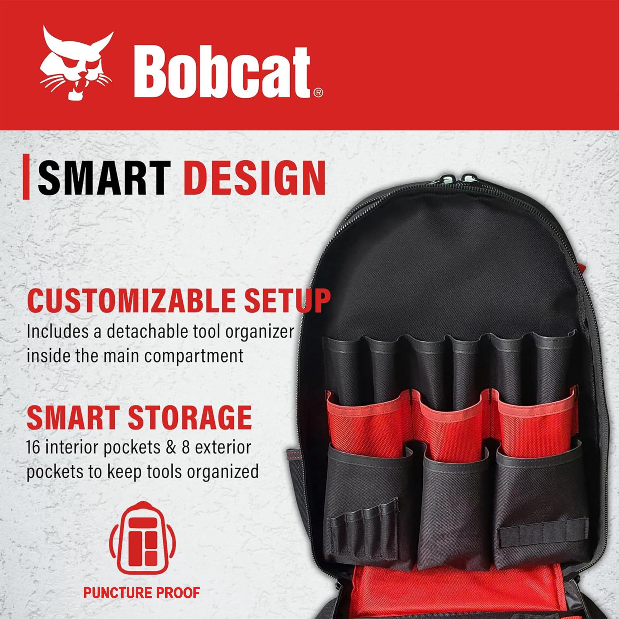 Bobcat Tool Backpack Heavy Duty – Work Tool Bag with 24 Pockets ForTechnician,Havc, Maintenance-Electrician tool bag with Smart Storage – Black/Red