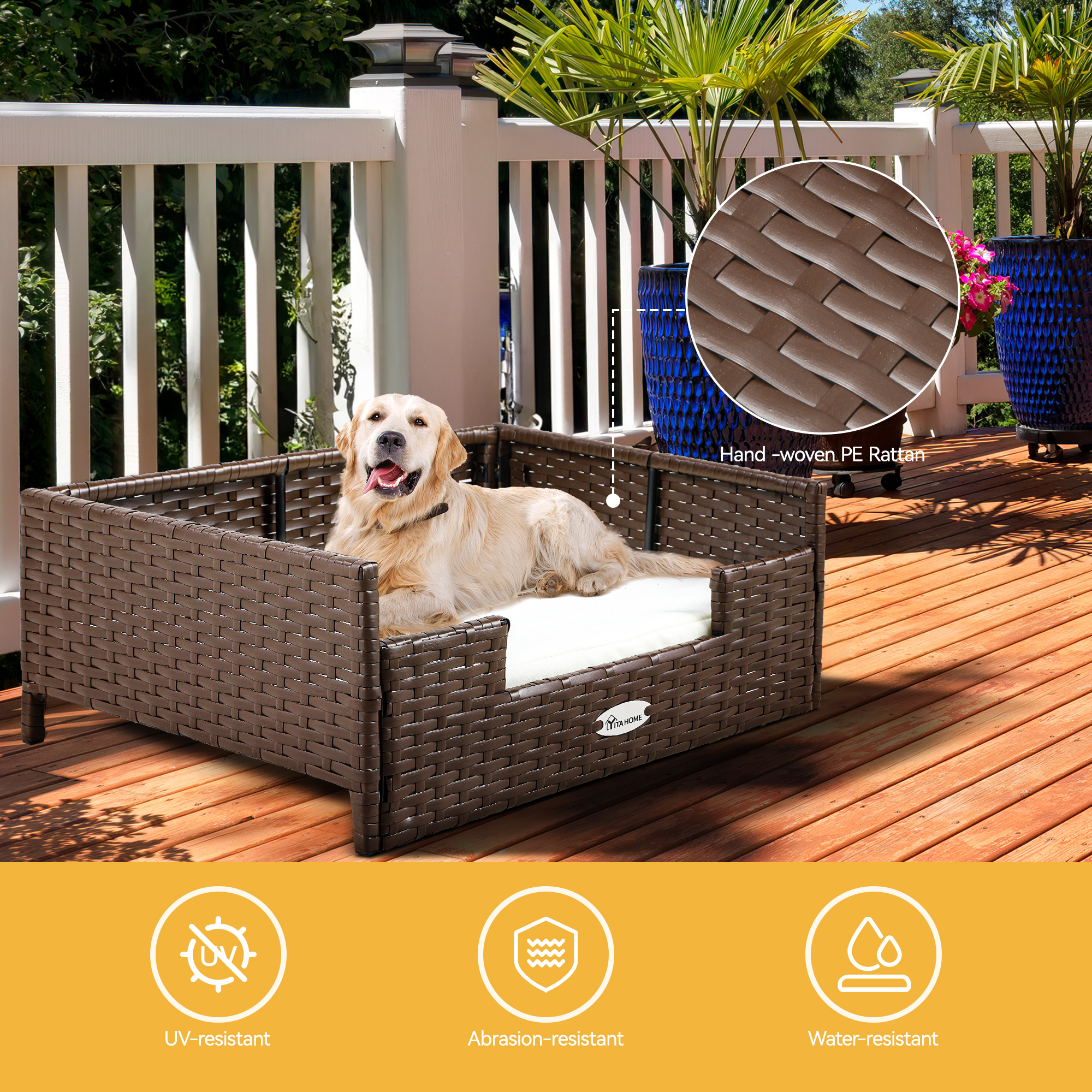 Dextrus Rattan Dog Bed with Beige Cushion, Indoor Outdoor Pet Bed for Small Medium Dogs and Cats,34.6''Lx23.6''Wx11.8''H,Brown