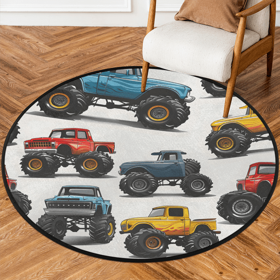 CURLYOOT Round Rug 3ft Monster Truck Area Rug, Washable Circle Mat Non Slip Floor Carpet Mat, Soft Indoor Rugs for Entryway Living Room Dining Room Bedroom