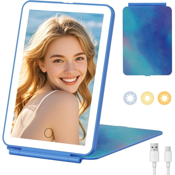 FUNTOUCH Lighted Travel Mirror, 3 Color Makeup Mirror, Portable Vanity Mirror, Rechargeable Folding Cosmetic Mirror