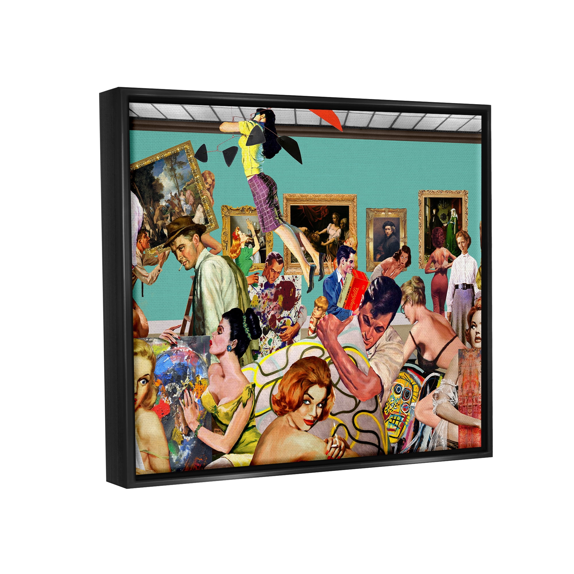 Stupell Industries Vintage People Collage Novelty Painting Black Floater Framed Canvas Art Print Wall Art, 31 x 25