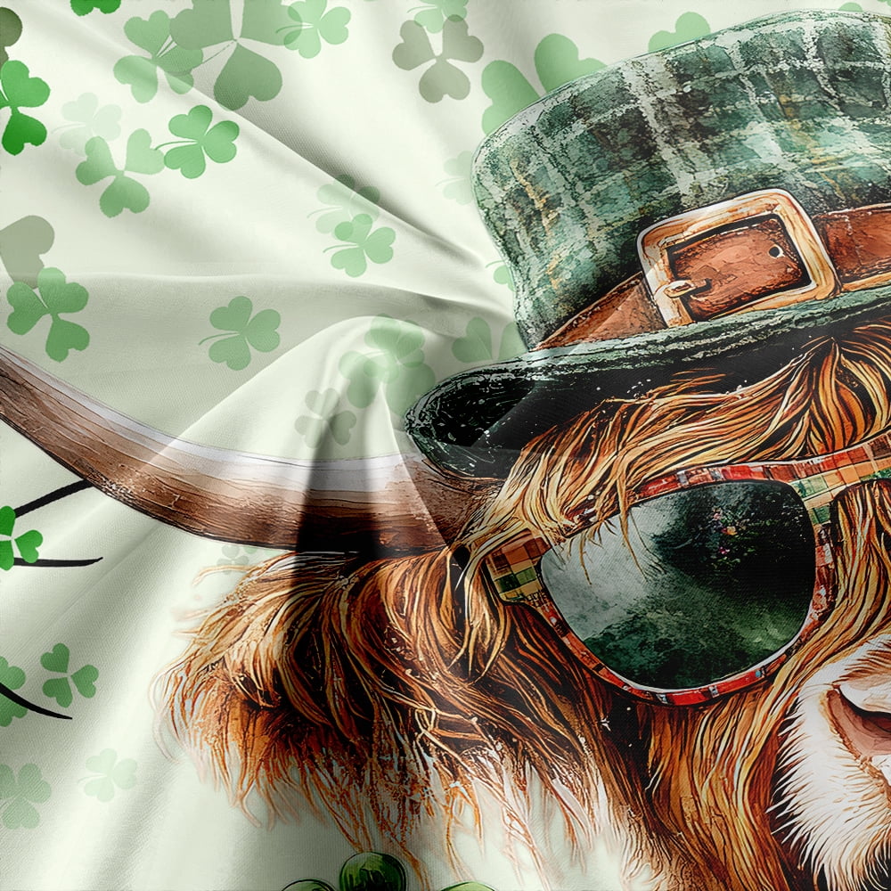 St. Patrick's Day Highland Cow Retro Shower Curtain, Funny Animals Green Clover Board Spring Farmhouse Bathroom Bathtubs Decor, Polyester Shamrock Leaves Bathroom Accessories with Hooks, 69X75in