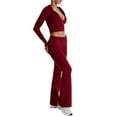 thumbnail image 2 of Womens Two Piece Knit Outfits Sweater Set Long Sleeve Zip Up Cropped Hoodie Top and Bootcut Pants Set Wine Red L, 2 of 8