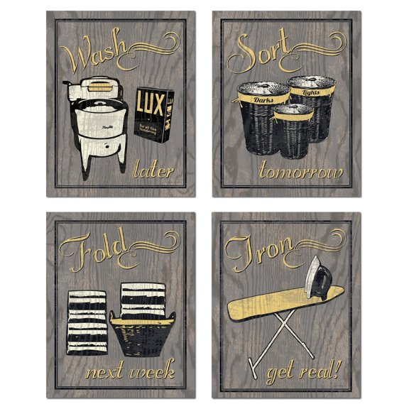 Trendy & Extremely Popular Humorous Laundry Room Wash Sort Fold Iron Set; Four 8x10in Poster Prints. Grey/Yellow (Printed on Paper, not wood)