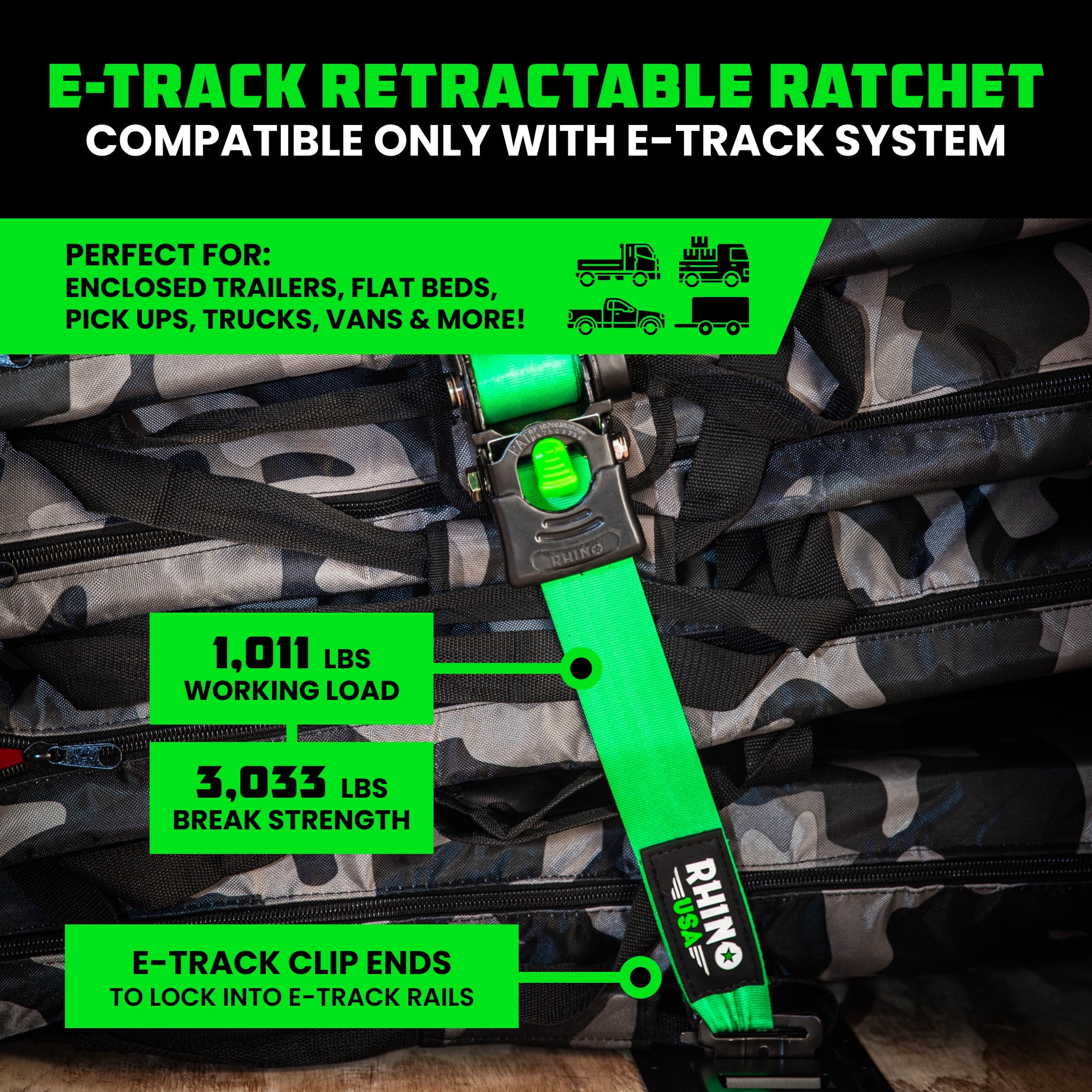 Rhino USA 2" x 10' E Track Retractable Ratchet Tie Down Straps - 3033lb Break Strength (Green 2Pack)