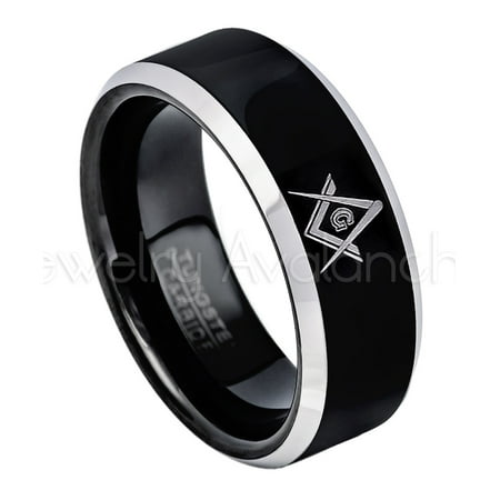 8mm Masonic Symbol Tungsten Ring - Black Ion Plated Comfort Fit Tungsten Carbide Wedding Band - 2-tone Tungsten Anniversary Band - TN329s9
