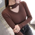 thumbnail image 1 of Suéter de mujer 2024 nueva moda hueco manga larga tejido estilo coreano camisa delgada Casual Stretch Top para mujer marrón, 1 of 4