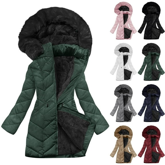 QATAINLAV Long Winter Coats for Women Removable Hood Zip Up Puffer Jacket for Cold Weather Windproof with Fleece Lining, White, XXL
