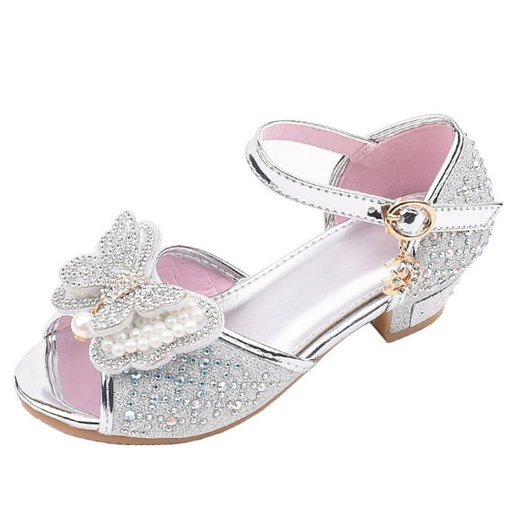 Odeerbi Girls Sandals Children's Shoes Girls Fish Mouth Butterfly Pearl Rhinestone Crystal Princess Shoes Dance Shoes
