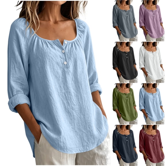 VBVC Women's Cotton Linen Square Neck Tunic Tops , Casual Long Sleeve Shirts For Women , Ladies' Lightweight Blouses with Pockets,Army Green,S-2XL