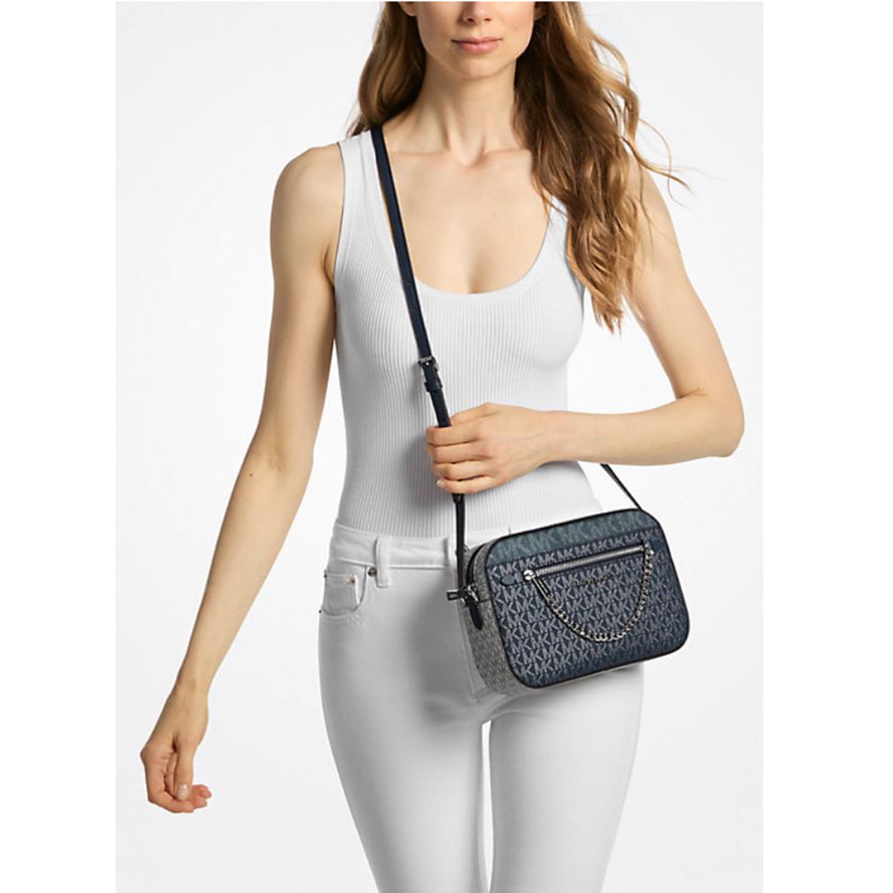 Michael Kors Large Chain Crossbody Bag in Bright White Logo Pearl