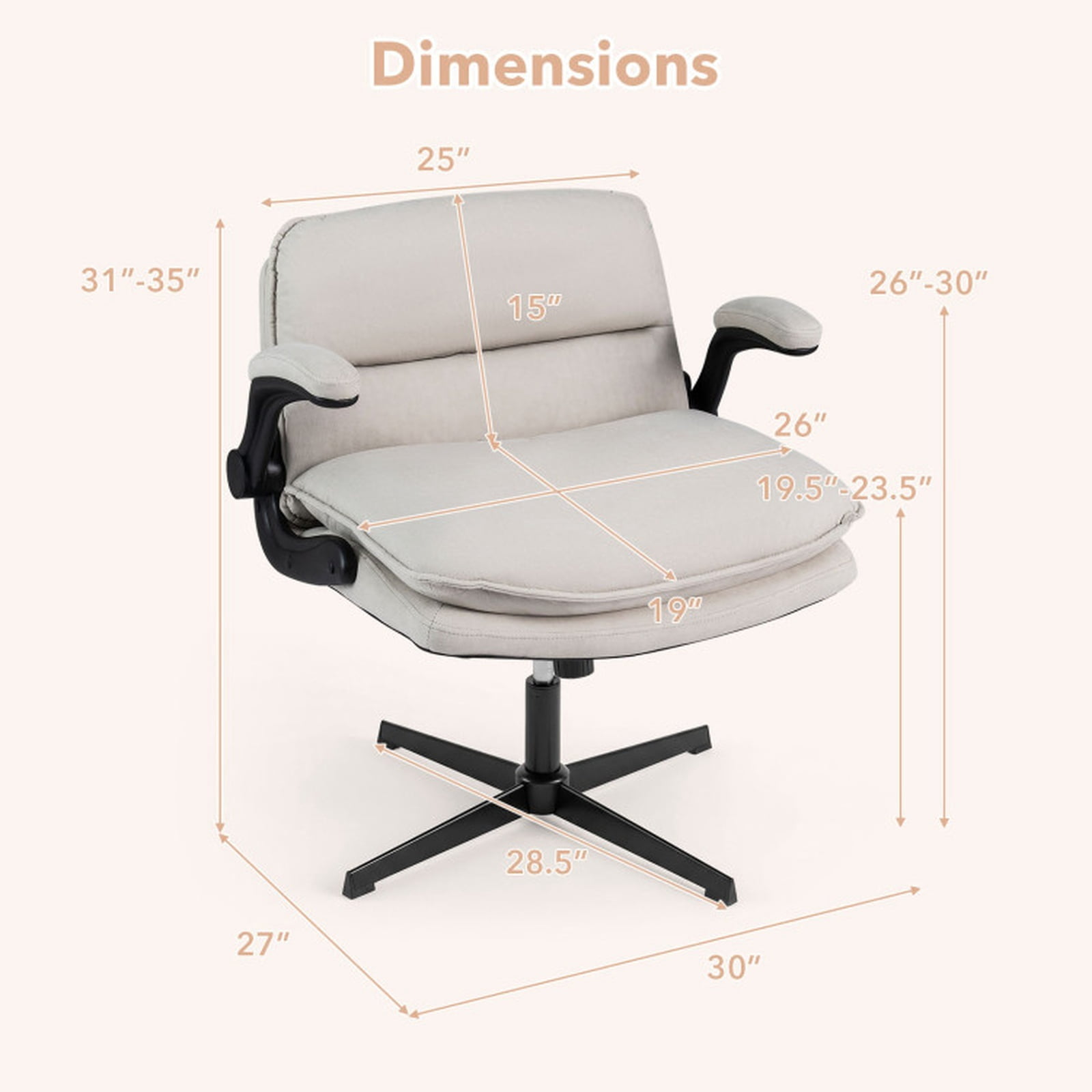 Furnibear Ergonomic Office Desk Chair with Flip-Up Arms, Height Adjustable Criss Cross Rocking Task Chair with Wide Backrest and Padded Seat, Beige