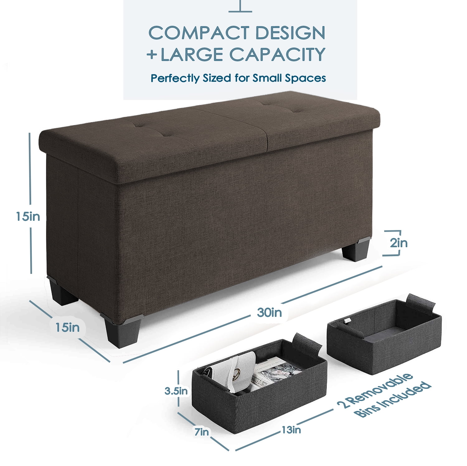 Storagebud Ottoman Storage Bench, Linen 30" Storage Ottoman Bench, Brown