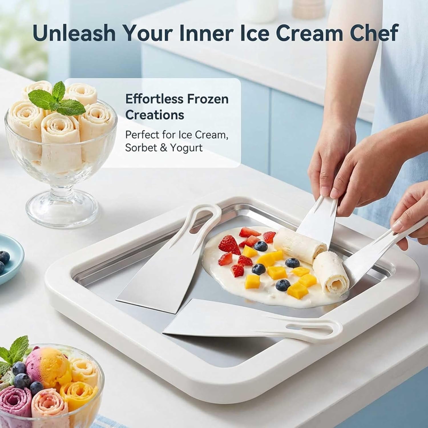 Rolled Ice Cream Maker Kit DIY Ice Cream Roll Tray with 2 Scrapers No Electricity Stainless Steel Freezing Plate for Frozen Yogurt Sorbet White