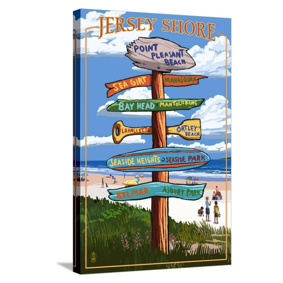 Art.com Point Pleasant Beach, New Jersey - Destinations Signpost Stretched Canvas Print Wall Art by Lantern Press, 16" x 24"