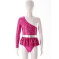 thumbnail image 3 of iEFiEL Kids Girls Single Long Sleeve Gymnastics Ballet Leotard Oblique Shoulder Shiny Sequins Jumpsuit Acrobatics Bodysuit Hot Pink 8, 3 of 7