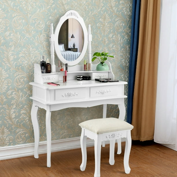 Costway White Vanity Makeup Dressing Table Jewelry Storage ...