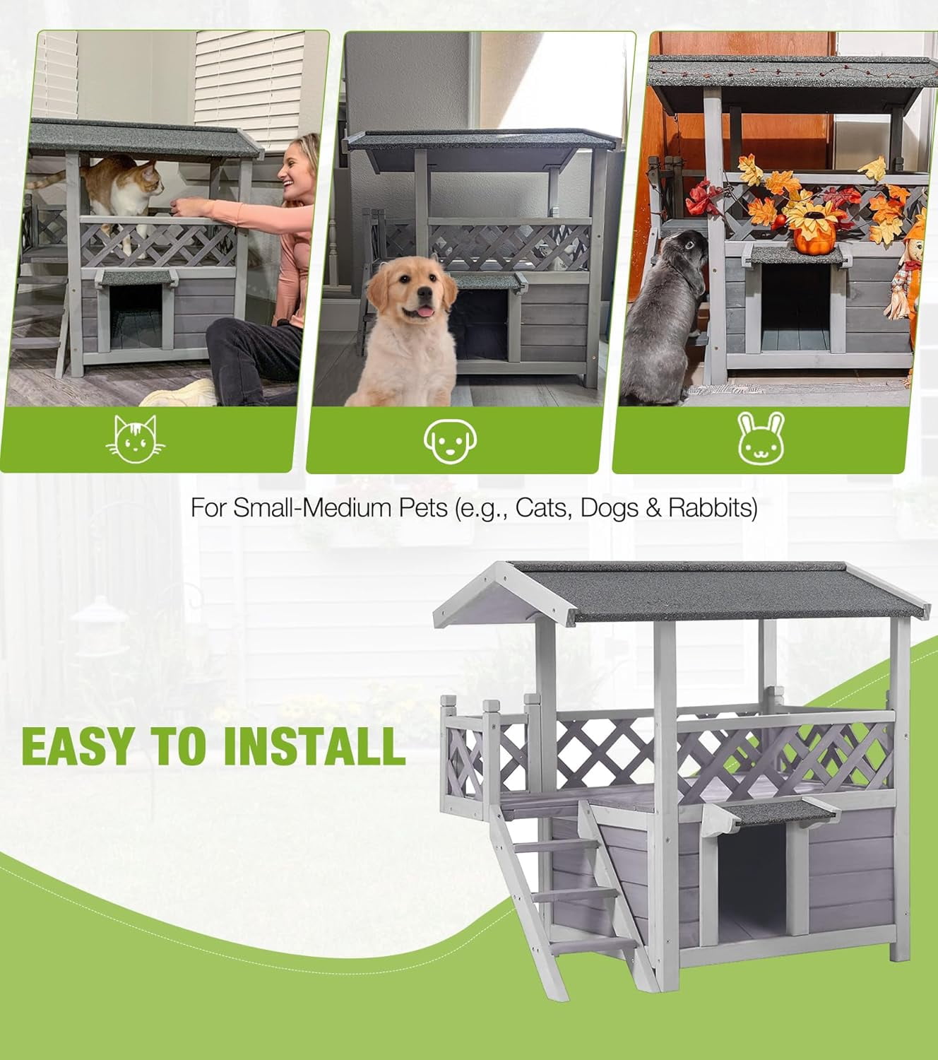 MEDEHOO Cat House Outdoor Weatherproof – 100% Solid Fir with Waterproof Paint, Two-Level Design, All-Weather Protection & Elevated Base – Kitty Shelter for Feral Cats, Indoor/Outdoor Use