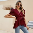 thumbnail image 3 of Yesfashion Women Dressy Deep V Neck Belted Tie Peplum Tops Empire Waist Wrap Blouse Puff Short Sleeve Shirt, 3 of 5
