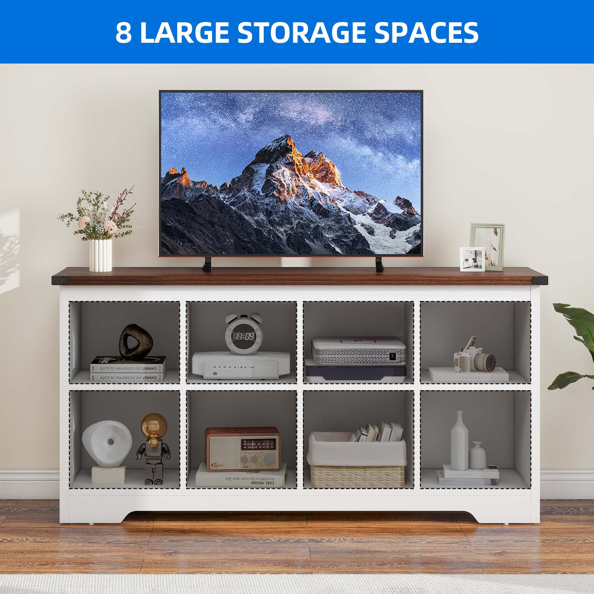 Uforic 8 Cube Organizer Bookcase, Farmhouse Cubby Bookshelf , Horizontal Open Shelf for Living Room, Bedroom, Home Office, White
