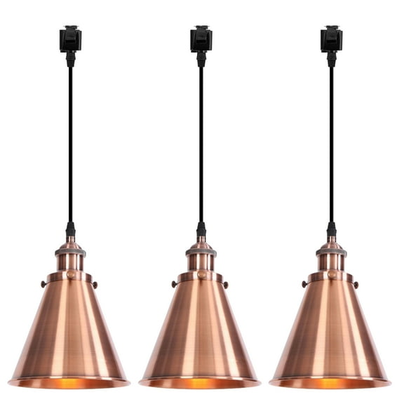 Kiven J-Type Track Lighting, 3-Light Modern Juno Track Pendant Light with Metal Lampshade, J Track Light Pedant for Kitchen Island Home Shop, Cord length 39.4",Copper Red Finish