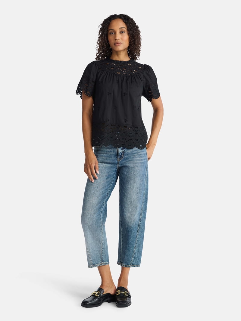Time and Tru Women's Cotton Eyelet Top with Short Sleeves, Sizes