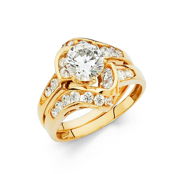 14k Yellow Gold Round CZ Solitaire Bridal Rings Set Engagement Ring & Wedding Band Side Stones, Size 7