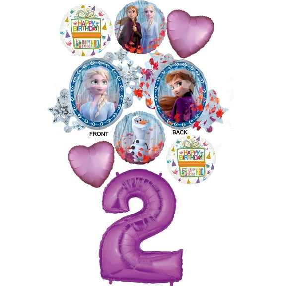 Frozen 2 Party Supplies 2nd Birthday Elsa, Anna and Olaf Balloon Bouquet Decorations - Purple Number 2