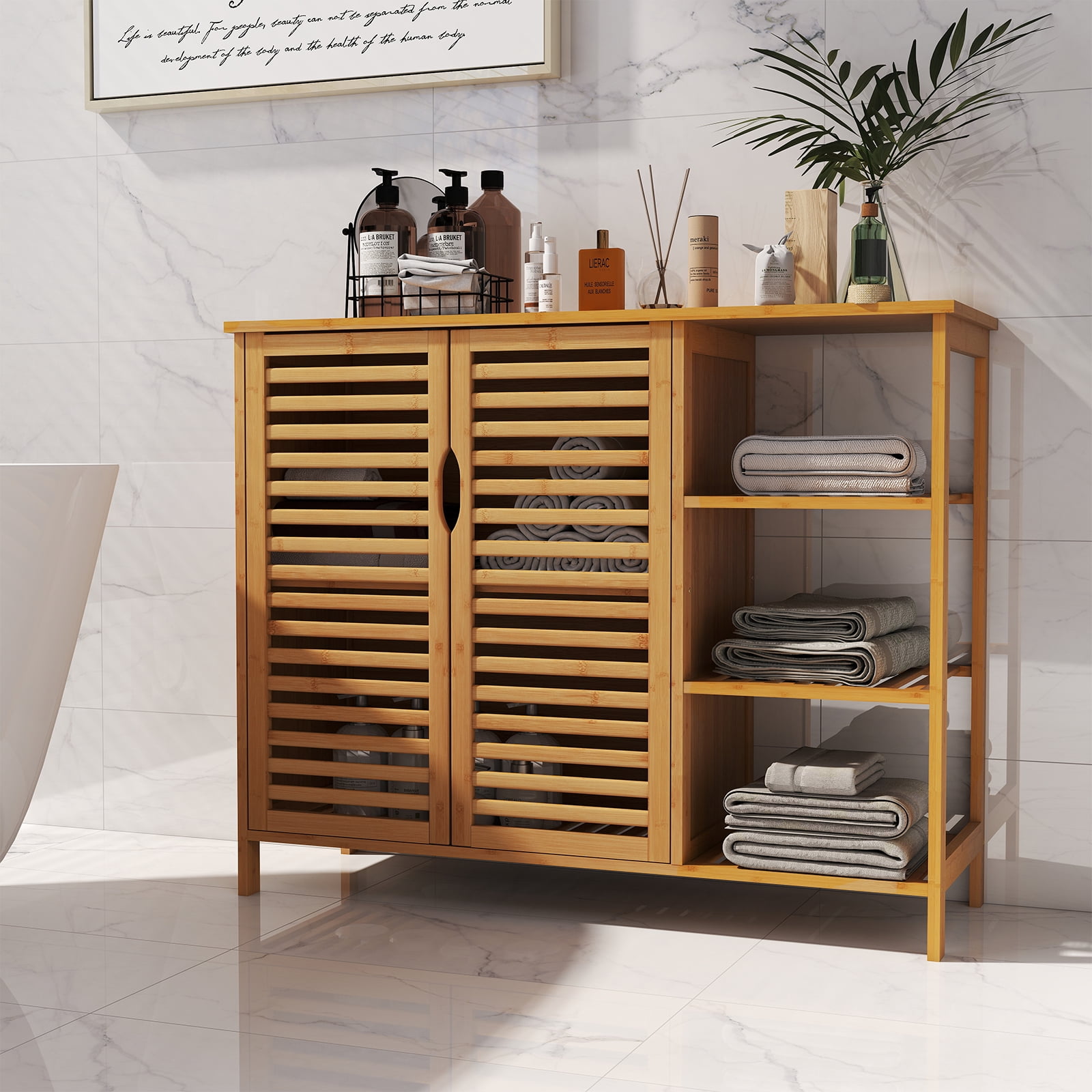 Gymax Bamboo Bathroom Cabinet 2-Door Storage Organizer w/ Shelves Natural