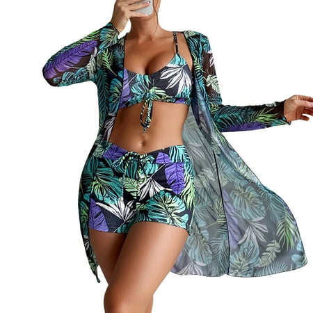Bikini Set for Women 3 Piece Spaghetti Strap Top High Waisted Thong Swimsuit Bathing Suit Ditsy Floral 3 Piece Sets Bathing Suit Color Block Bandeau Swim Top Gifts for Women