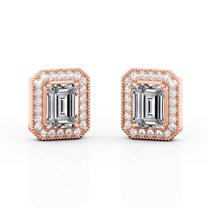 JeenMata 2.15 Carat Emerald Cut Moissanite - Milgrain Halo Channel - Prong Bezel Set Stud Earrings - 18K Rose Gold Plating over Silver