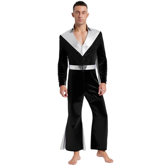 Sholeno Men's Metallic Shiny Tassel Jumpsuits for Party Disco Jazz Waltz Ballroom Dance Performance Black XXL